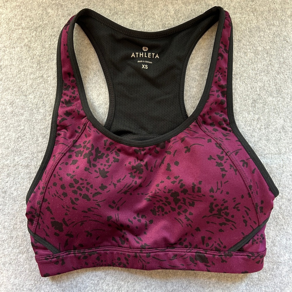 Athleta XS Racerback Double Dare Sports Bra Purple Black Speckle Print Athletic‎